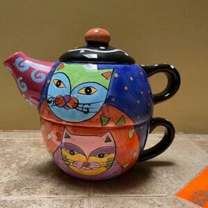 Catzilla ceramic teapot and cup
